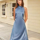 Blue Satin Halter Midi Dress