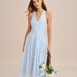 Blue Halter Tie Jacquard Midi Dress