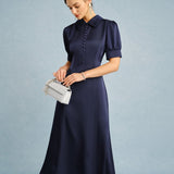Navy Collar Puffed Sleeve Satin Midi Dress