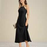 Black Halter Tie Satin Midi Dress