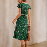 Green Floral V Neck Ruched Midi Dress