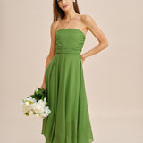 Green Flowy Strapless Midi Dress