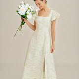 Beige Square Neck Jacquard Midi Dress