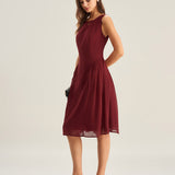 Wine Red Chiffon Sleeveless Midi Dress