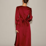 Wine Red Satin A-Line Midi Dress