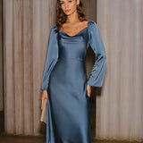 Blue Cowl Neck A-Line Midi Dress