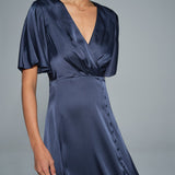 Navy V Neck Satin Midi Dress