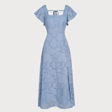 Blue Floral Square Neck Midi Dress