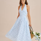 Blue Halter Tie Jacquard Midi Dress