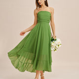 Green Flowy Strapless Midi Dress