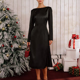 Black Satin Boat Neck Backless Midi Dress