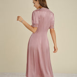 Pink Lace Splicing Satin Midi Dress