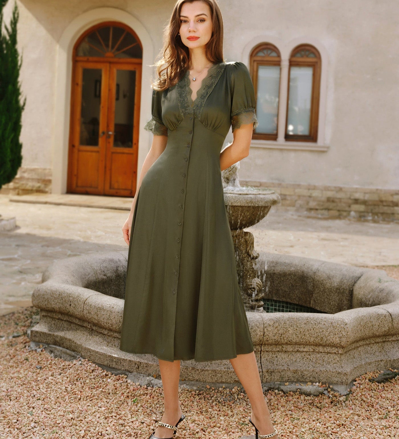 Green Lace Satin Midi Dress