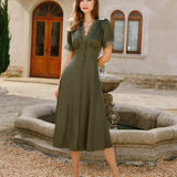 Green Lace Satin Midi Dress