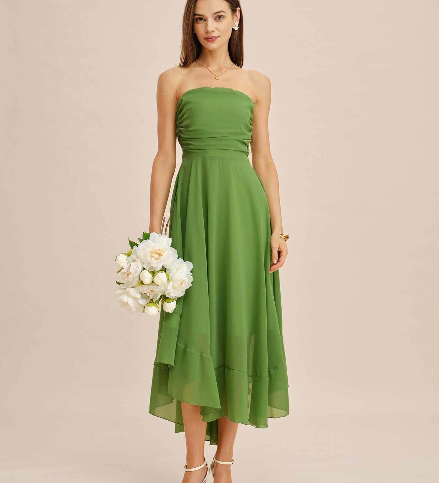 Green Flowy Strapless Midi Dress