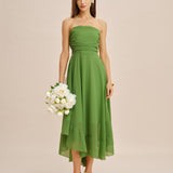 Green Flowy Strapless Midi Dress