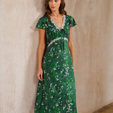 Green Floral V Neck Ruched Midi Dress