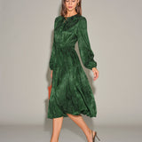 Green Jacquard Lantern Sleeve Midi Dress