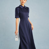 Navy Collar Puffed Sleeve Satin Midi Dress