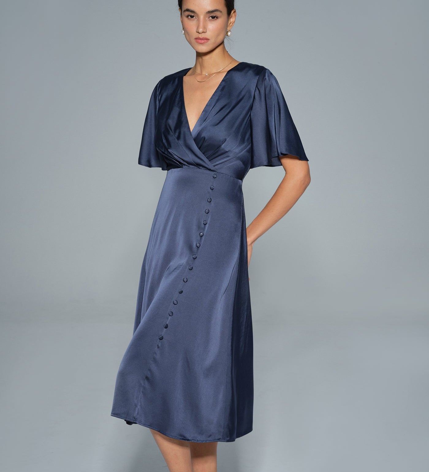 Navy V Neck Satin Midi Dress