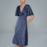 Navy V Neck Satin Midi Dress