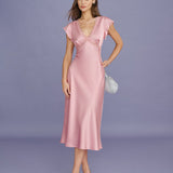 Pink V Neck Lace Satin Midi Dress