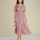 Pink Lace Splicing Satin Midi Dress