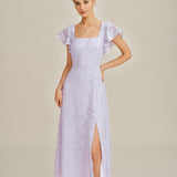 Purple Square Neck Jacquard Midi Dress