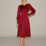 Wine Red Satin A-Line Midi Dress