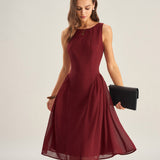 Wine Red Chiffon Sleeveless Midi Dress
