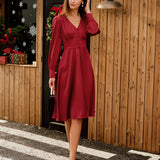 Wine Red Satin V Neck Midi Dress