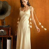 Yellow Flowers Satin Slip Midi Dress