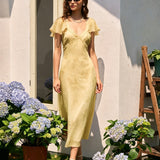 Yellow Butterfly Sleeve Floral Midi Dress