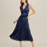 Blue V Neck A-Line Sleeveless Midi Dress