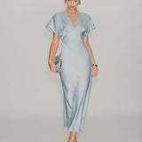 Blue V Neck Cowl Sleeve Satin Midi Dress