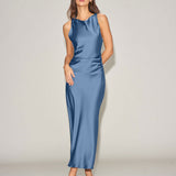 Blue Satin Boat Neck Slip Midi Dress