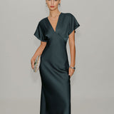 Grey Green Satin Cowl Sleeve Midi Dress