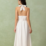White Embroidery A-Line Halter Midi Dress