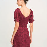 Wine Red Jacquard Slit Midi Dress
