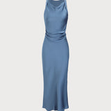 Blue Satin Boat Neck Slip Midi Dress