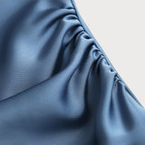 Blue Satin Boat Neck Slip Midi Dress
