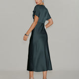 Grey Green Satin Cowl Sleeve Midi Dress