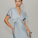 Blue V Neck Cowl Sleeve Satin Midi Dress