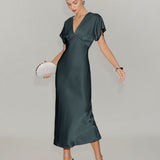 Grey Green Satin Cowl Sleeve Midi Dress