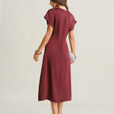 Red Satin Cowl Sleeve A-Line Midi Dress