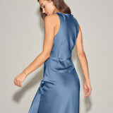 Blue Satin Boat Neck Slip Midi Dress