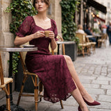 Wine Red Jacquard Slit Midi Dress