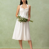 White Embroidery A-Line Halter Midi Dress