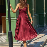 Wine Red Ruched A-Line Slip Midi Dress