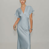 Blue V Neck Cowl Sleeve Satin Midi Dress